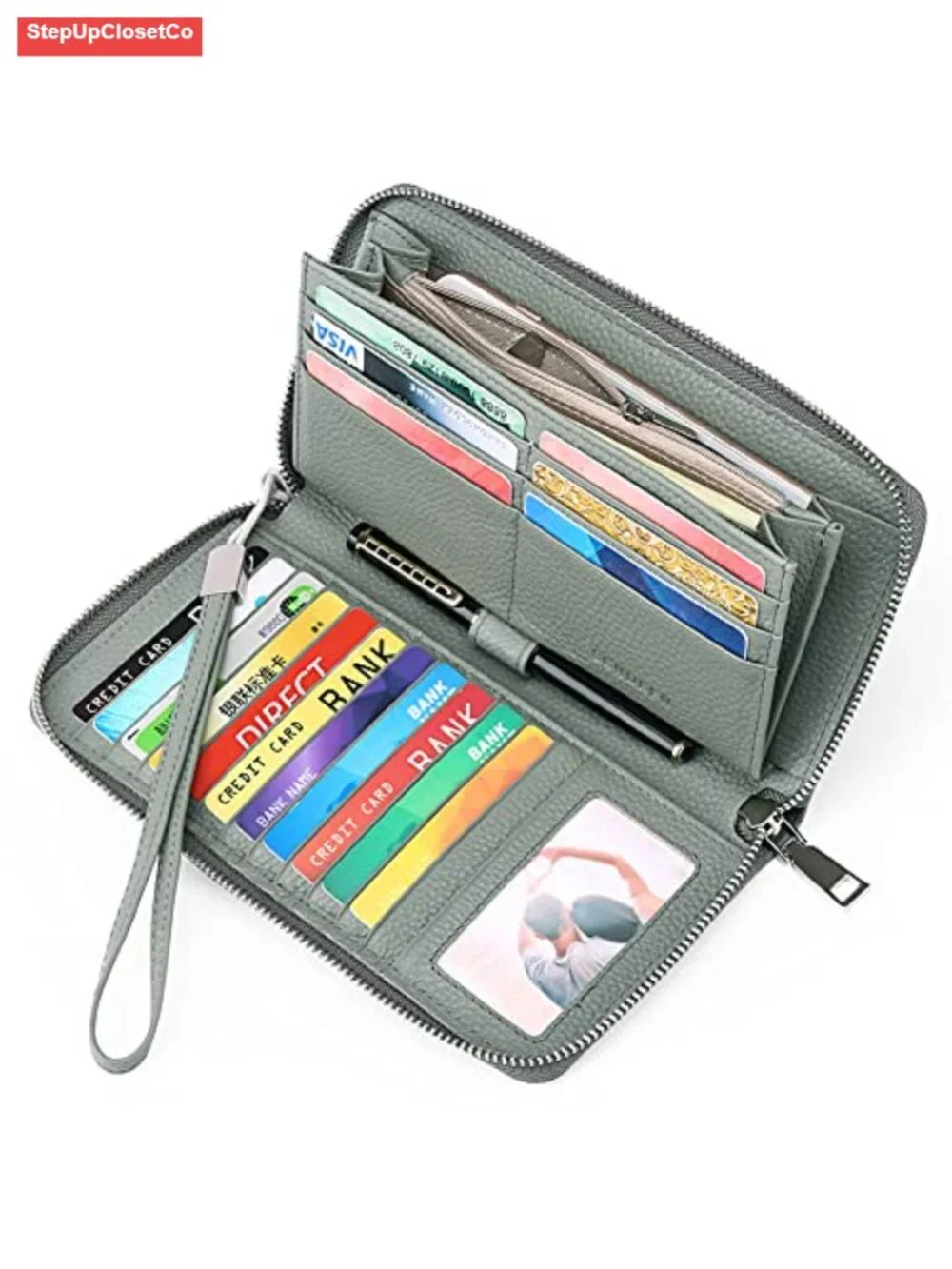 Leather RFID Blocking Zip Around Large Capacity Long Wallet with Wristlet